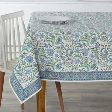 Ridhi Dark Columbia Blue, Turquoise Green 70x118 Inches Rectangle 100% Cotton Hand Block Print Washable Decorative Spring Summer Parties/Wedding Use,Fall décor Farmhouse Dining Dinner Tablecloth`