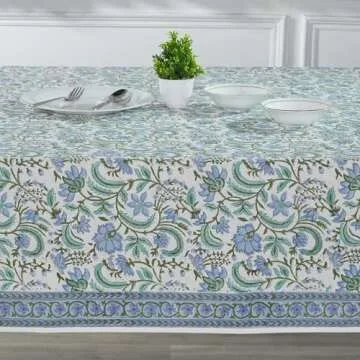 Ridhi Dark Columbia Blue, Turquoise Green 70x118 Inches Rectangle 100% Cotton Hand Block Print Washable Decorative Spring Summer Parties/Wedding Use,Fall décor Farmhouse Dining Dinner Tablecloth`