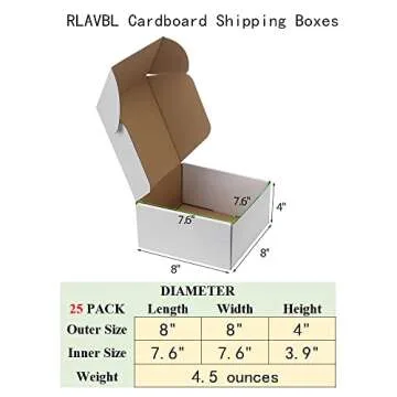 RLAVBL 8x8x4 Inches Shipping Boxes Set of 25 - Premium White Corrugated Boxes for Gifts and Shipping