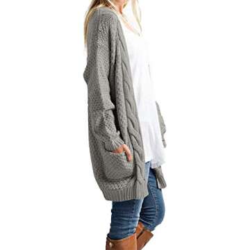 Traleubie Womens Open Front Cardigan Pockets Cable Knit Long Sleeve Sweaters Warm Tops Grey XL