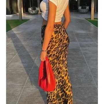 HOHOPEACH Leopard Print Skirt Cheetah Print Long Skirts for Women Trendy Y2k Summer Skirts Maxi Skirt (Golden Leopard Print,M,Medium)
