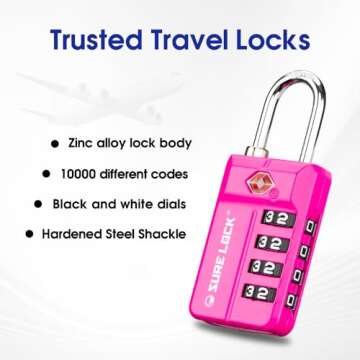 SURE LOCK TSA Approved Travel Luggage Locks, Open Alert Combination Lock for School Office & Gym Locker,Toolbox, Pelican Case,Easy Read Dials- 1, 2 & 4 Pack (1, Pink 2 Pack)