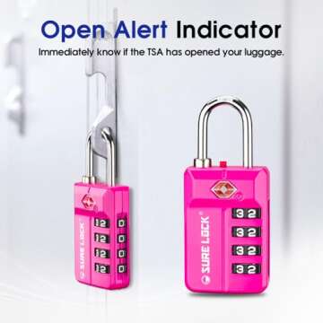 SURE LOCK TSA Approved Travel Luggage Locks, Open Alert Combination Lock for School Office & Gym Locker,Toolbox, Pelican Case,Easy Read Dials- 1, 2 & 4 Pack (1, Pink 2 Pack)