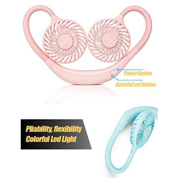 Viniper Hand Free Fan, Portable Neck Fan : 2000mAh Rechargeable Hanging Neck Fan, 3 Speeds Personal Wearable Neck Fan with Colorful Led Light for Home, Office, Travel, Sport, Outdoor (Pink)
