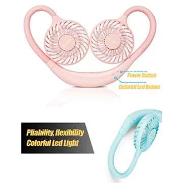 Viniper Hand Free Fan, Portable Neck Fan : 2000mAh Rechargeable Hanging Neck Fan, 3 Speeds Personal Wearable Neck Fan with Colorful Led Light for Home, Office, Travel, Sport, Outdoor (Pink)