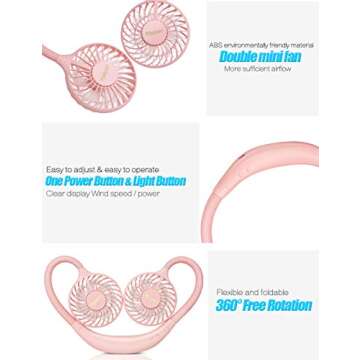 Viniper Hand Free Fan, Portable Neck Fan : 2000mAh Rechargeable Hanging Neck Fan, 3 Speeds Personal Wearable Neck Fan with Colorful Led Light for Home, Office, Travel, Sport, Outdoor (Pink)