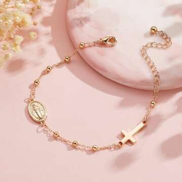 VULETO Catholic First Communion Gifts for Girls, Virgin Mary Rosary Beads Cross Charm Link Chain Bra...