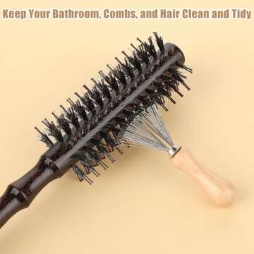 2 Pcs Mini Hairbrush Cleaner, Wooden Handle Comb Cleaner with Metal Wire Rake, Portable Hair Remover Tool for Home Salon Cleaning Dust Dirt Lint