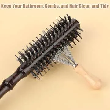 2 Pcs Mini Hairbrush Cleaner, Wooden Handle Comb Cleaner with Metal Wire Rake, Portable Hair Remover Tool for Home Salon Cleaning Dust Dirt Lint
