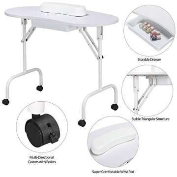 Yaheetech 37-inch Portable & Foldable Manicure Table Nail Desk Workstation with Large Drawer/Client Wrist Pad/Controllable Wheels/Carrying Case for Spa Beauty Salon White, 1 Count (Pack of 1)