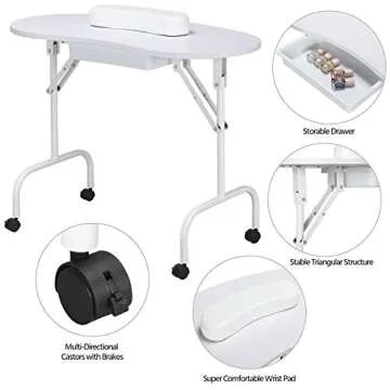 Yaheetech 37-inch Portable & Foldable Manicure Table Nail Desk Workstation with Large Drawer/Client Wrist Pad/Controllable Wheels/Carrying Case for Spa Beauty Salon White, 1 Count (Pack of 1)