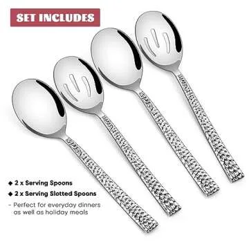 E-far Hammered Serving Spoons, 4-Piece Stainless Steel Serving Utensils Set - Solid Spoons x 2, Slot...