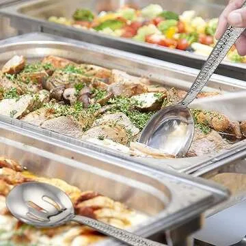 E-far Hammered Serving Spoons, 4-Piece Stainless Steel Serving Utensils Set - Solid Spoons x 2, Slotted Spoons x 2, Metal Hostess Serving Tablespoons for Catering Buffet Party Kitchen Restaurant