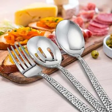 E-far Hammered Serving Spoons, 4-Piece Stainless Steel Serving Utensils Set - Solid Spoons x 2, Slotted Spoons x 2, Metal Hostess Serving Tablespoons for Catering Buffet Party Kitchen Restaurant