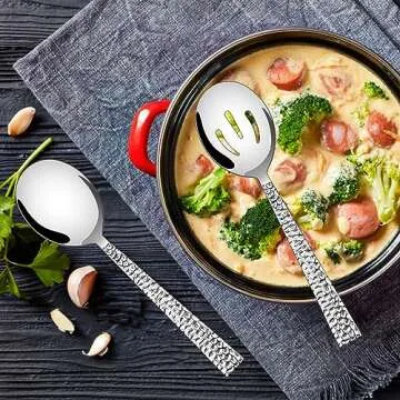 E-far Hammered Serving Spoons, 4-Piece Stainless Steel Serving Utensils Set - Solid Spoons x 2, Slotted Spoons x 2, Metal Hostess Serving Tablespoons for Catering Buffet Party Kitchen Restaurant