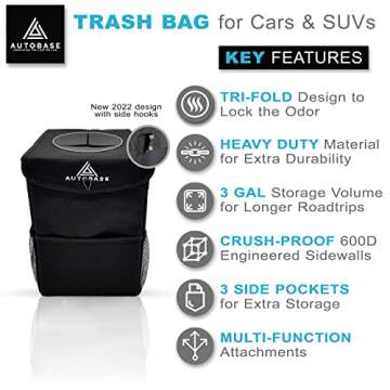 Autobase Trash Can for Car | Truck SUV Trash Bin Large 3 Gallon Size | Road Trip Must Haves | Car Gifts for Men, Women and Teens