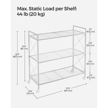 SONGMICS 3-Tier Metal Storage Rack with Wheels, Mesh Shelving Unit with X Side Frames, 31.5-Inch Width, for Entryway, Kitchen, Living Room, Bathroom, Industrial Style, White UBSC183W01