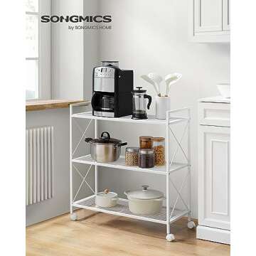 SONGMICS 3-Tier Metal Storage Rack with Wheels, Mesh Shelving Unit with X Side Frames, 31.5-Inch Width, for Entryway, Kitchen, Living Room, Bathroom, Industrial Style, White UBSC183W01