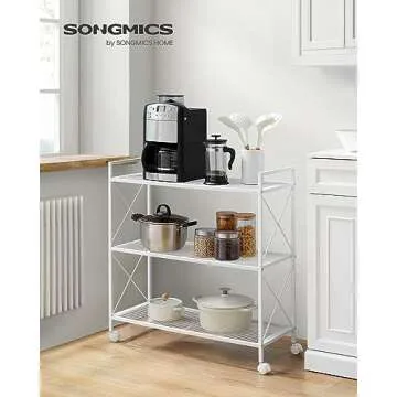SONGMICS 3-Tier Metal Storage Rack with Wheels, Mesh Shelving Unit with X Side Frames, 31.5-Inch Width, for Entryway, Kitchen, Living Room, Bathroom, Industrial Style, White UBSC183W01