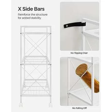 SONGMICS 3-Tier Metal Storage Rack with Wheels, Mesh Shelving Unit with X Side Frames, 31.5-Inch Width, for Entryway, Kitchen, Living Room, Bathroom, Industrial Style, White UBSC183W01