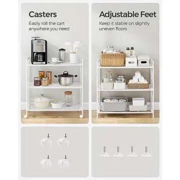 SONGMICS 3-Tier Metal Storage Rack with Wheels, Mesh Shelving Unit with X Side Frames, 31.5-Inch Width, for Entryway, Kitchen, Living Room, Bathroom, Industrial Style, White UBSC183W01