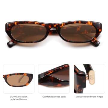 SOJOS Retro Rectangle Polarized Sunglasses for Women Men Vintage Trendy Narrow Y2k Sunnies SJ2363, Tortoise/Brown