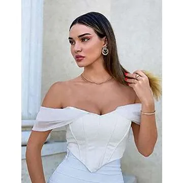 L'VOW Sexy PU Leather Mesh Bustier for Women Off Shoulder Boned Sweetheart Corset Crop Top(White,L)