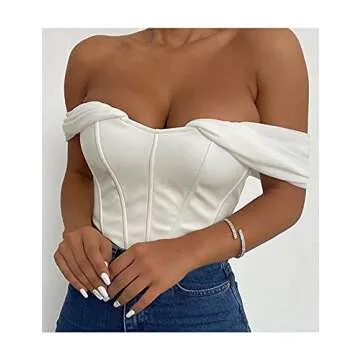 L'VOW Sexy PU Leather Mesh Bustier for Women Off Shoulder Boned Sweetheart Corset Crop Top(White,L)