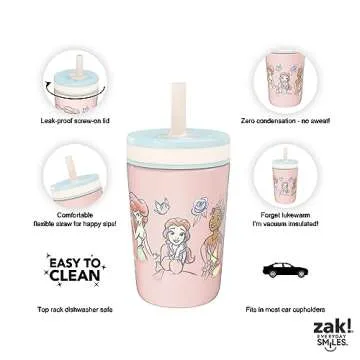 Zak Designs Disney Princess Kelso Toddler Cups For Travel or At Home, 12oz Vacuum Insulated Stainless Steel Sippy Cup With Leak-Proof Design For Kids (Ariel, Belle, Cinderella, Mulan, Tiana)