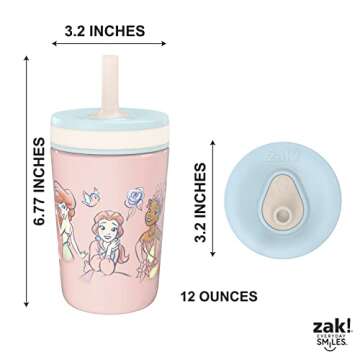 Zak Designs Disney Princess Kelso Toddler Cups For Travel or At Home, 12oz Vacuum Insulated Stainless Steel Sippy Cup With Leak-Proof Design For Kids (Ariel, Belle, Cinderella, Mulan, Tiana)