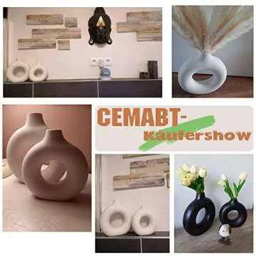 CEMABT Black Donut Vase Hollow Ceramic Vase for Flowers Handmade Minimalist Boho ins Style Modern Home Decor for Wedding Dinner Table Party Living Room Office Bedroom（M