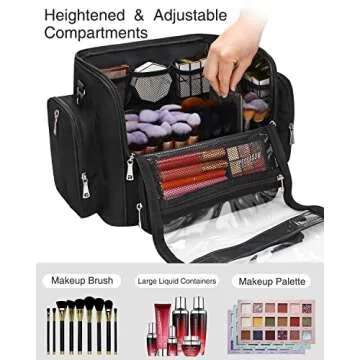 Makeup Brush Bag, Clear Makeup Brush Holder with Lid, Extra Large Capacity Travel Cosmetic Bag Makeup Artist Must Haves, Black Makeup Case, Make Up Organizers and Storage, with Adjustable Dividers