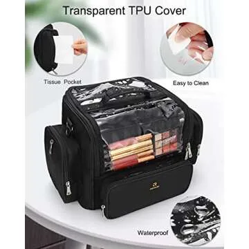 Makeup Brush Bag, Clear Makeup Brush Holder with Lid, Extra Large Capacity Travel Cosmetic Bag Makeup Artist Must Haves, Black Makeup Case, Make Up Organizers and Storage, with Adjustable Dividers