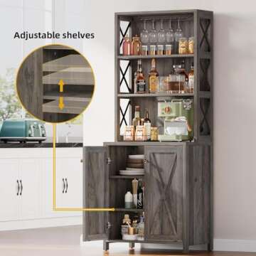 DWVO 67" Tall Wine Bar Cabinet for Liquor and Glasses, Farmhouse Kitchen Cabinet Coffee Bar with Adjustable Shelves, Open Storage Shelves, Buffet Kitchen Cabinet for Dinning Room, Kitchen, Grey Wash