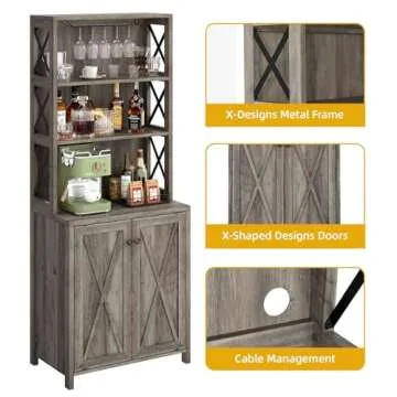 DWVO 67" Tall Wine Bar Cabinet for Liquor and Glasses, Farmhouse Kitchen Cabinet Coffee Bar with Adjustable Shelves, Open Storage Shelves, Buffet Kitchen Cabinet for Dinning Room, Kitchen, Grey Wash