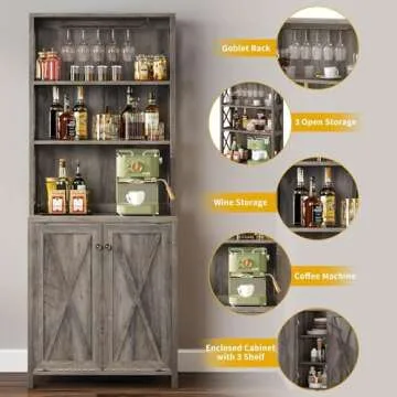 DWVO 67" Tall Wine Bar Cabinet for Liquor and Glasses, Farmhouse Kitchen Cabinet Coffee Bar with Adjustable Shelves, Open Storage Shelves, Buffet Kitchen Cabinet for Dinning Room, Kitchen, Grey Wash