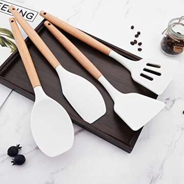 BRIIEC 1pc White Silicone Solid Tuner with Wooden Handle, Heat Resistant Cooking Utensils, Ideal Coo...