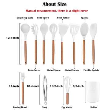 BRIIEC 1pc White Silicone Solid Tuner with Wooden Handle, Heat Resistant Cooking Utensils, Ideal Cookware for Fring Fish, Eggs, Meat, French Fries