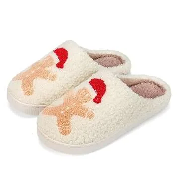 DRSLPAR Fuzzy House Slippers for Women Smiley Face - Christmas Cozy Memory Foam Woman Slipper Indoor and Outdoor Winter Bedroom Shoes (6-7US, Gingerbread man)
