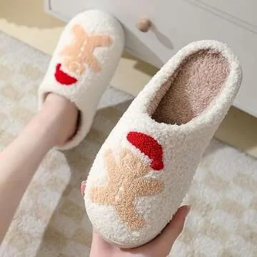 DRSLPAR Fuzzy House Slippers for Women Smiley Face - Christmas Cozy Memory Foam Woman Slipper Indoor and Outdoor Winter Bedroom Shoes (6-7US, Gingerbread man)