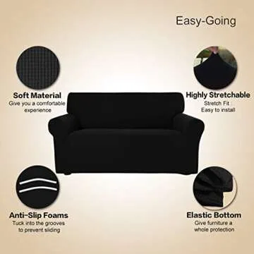 Easy-Going Stretch Sofa Slipcover 1-Piece Sofa Cover Furniture Protector Couch Soft with Elastic Bottom for Kids, Polyester Spandex Jacquard Fabric Small Checks (Sofa, Black)