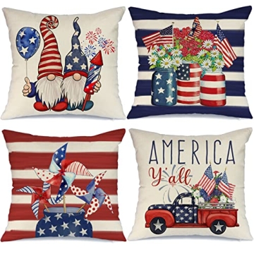GEEORY 4th of July Decorations Pillow Covers 18x18 Set of 4 Memorial Day Decor America Flag Stars an...