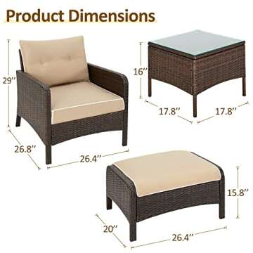 AECOJOY 5 Pieces Patio Furniture Set, Balcony Furniture Set of Brown PE Wicker, Outdoor Patio Furniture Set with Table and Ottoman, White & Tan Cushions