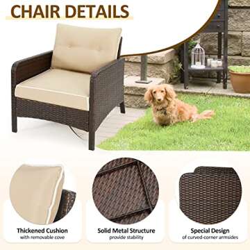 AECOJOY 5 Pieces Patio Furniture Set, Balcony Furniture Set of Brown PE Wicker, Outdoor Patio Furniture Set with Table and Ottoman, White & Tan Cushions