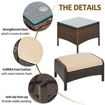 AECOJOY 5 Pieces Patio Furniture Set, Balcony Furniture Set of Brown PE Wicker, Outdoor Patio Furniture Set with Table and Ottoman, White & Tan Cushions