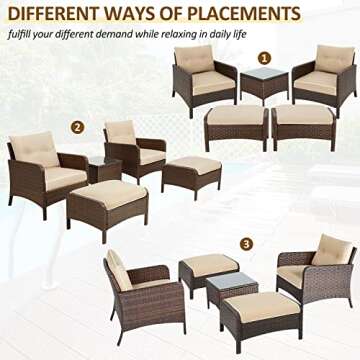 AECOJOY 5 Pieces Patio Furniture Set, Balcony Furniture Set of Brown PE Wicker, Outdoor Patio Furniture Set with Table and Ottoman, White & Tan Cushions