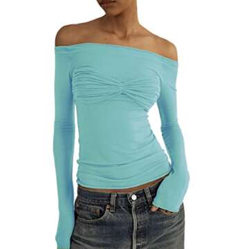 Women Off Shoulder Shirt Y2K Blue Long Sleeve Slim Fit Top Tee Sexy Streetwear Blouse Tops(P-Blue,S)