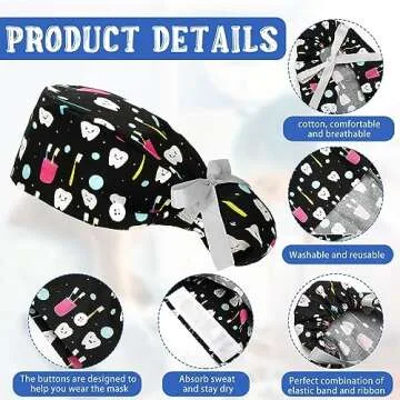 Honoson 6 Pcs Stylish Dental Scrub Caps with Buttons