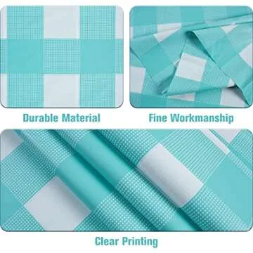 Kesfey 3 Packs Aqua and White Checkered Tablecloths 54 x 108 Inches Disposable Plastic Gingham Table...