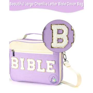 PLOZANO Bible Cover Case for Women, Large Chenille Letter Bible Bag with Shoulder Strap,Purple Bible Carrying Tote Bags for Bible Study Accessories, for Women Lady Teen Grils (Purple)